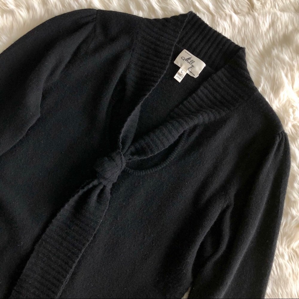 Milly Black Cashmere Pussy Bow Neck Tie Sweater